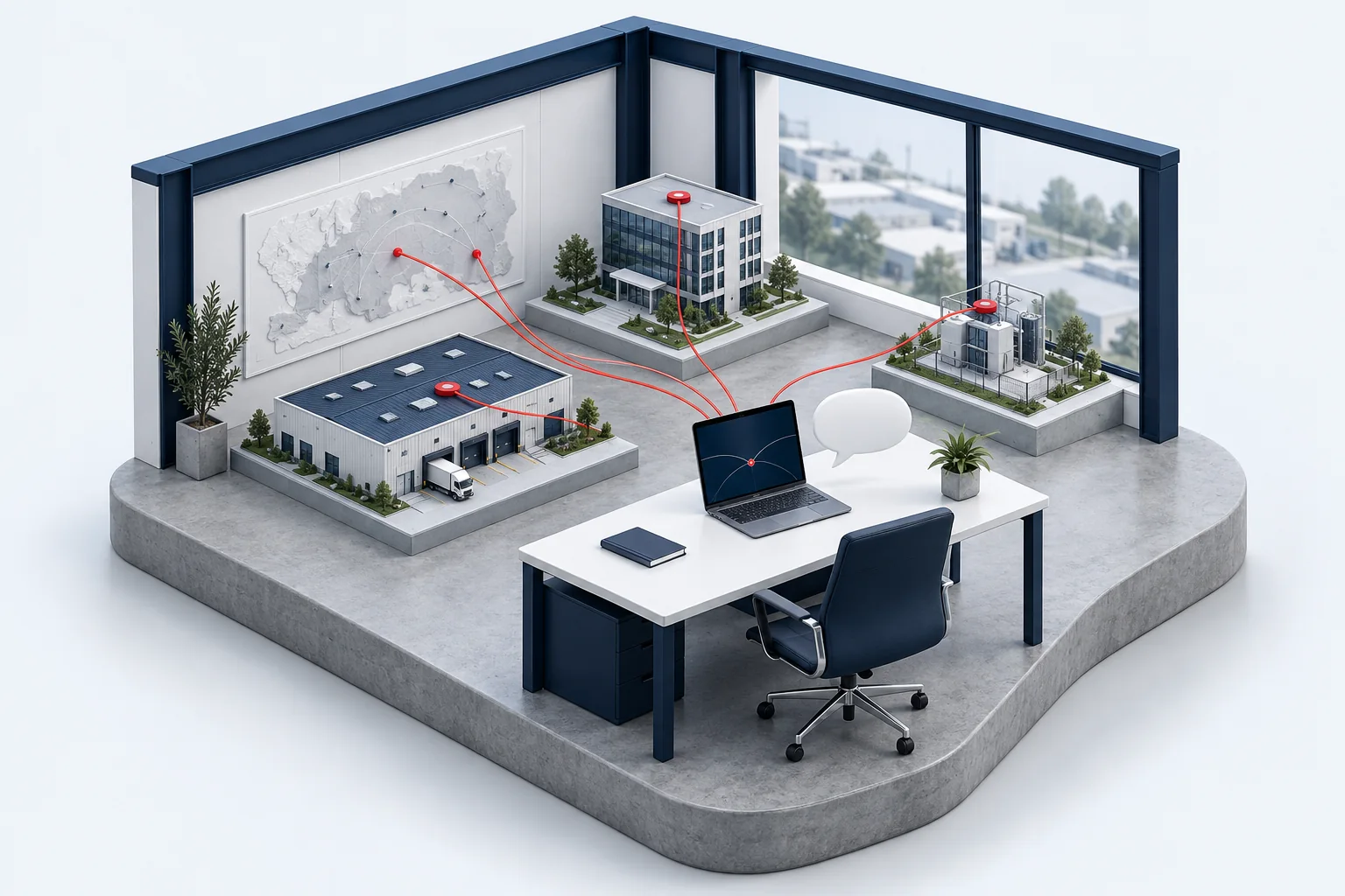 Miniature operations workspace with a laptop and connected building models representing questions about sites.