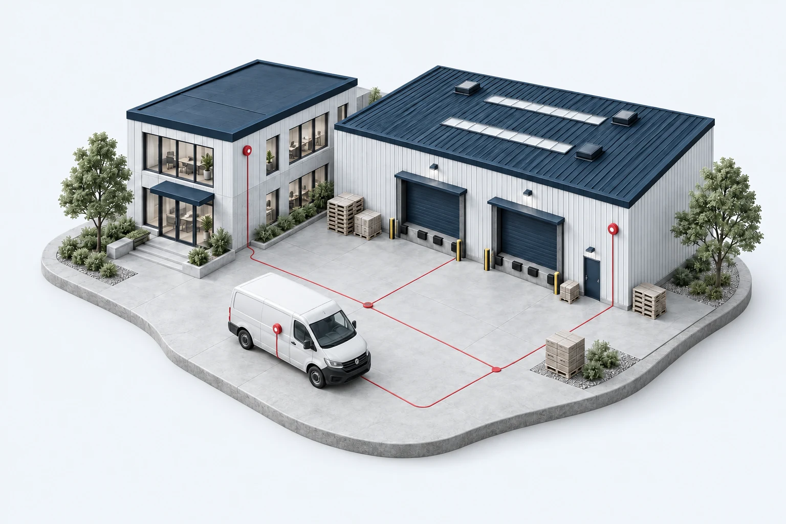 Miniature office and warehouse connected to a delivery van by red sensor lines.